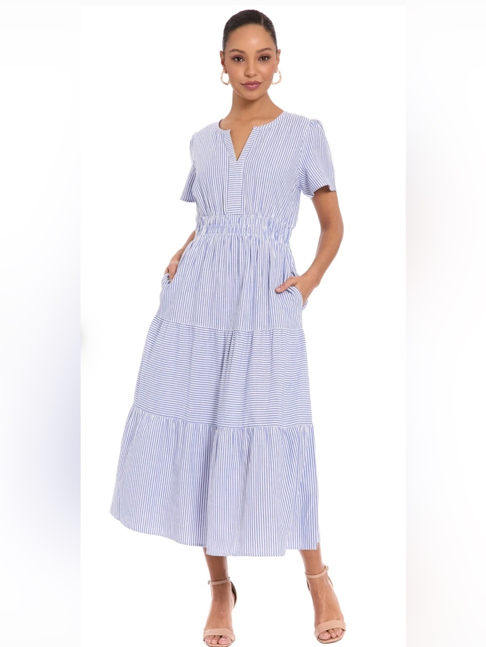 London Times Blue and White Striped Tiered Maxi Dress